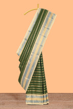 Drak green unique striped kathan silk saree with contrast border and blouse