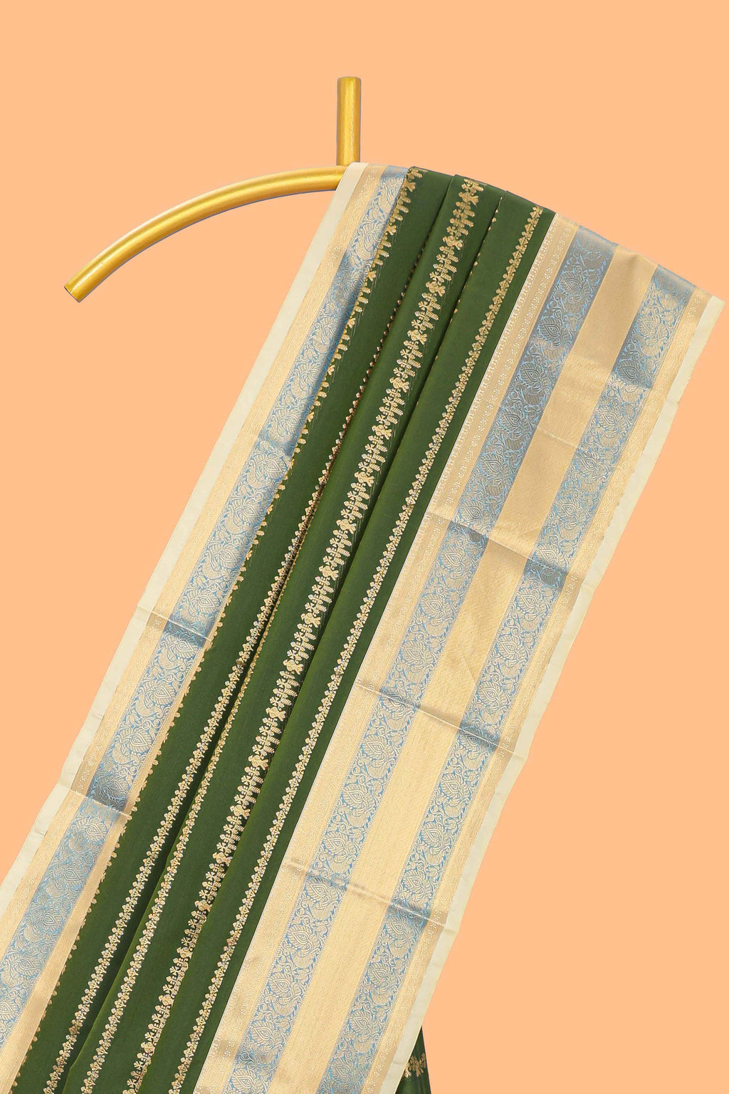 Drak green unique striped kathan silk saree with contrast border and blouse