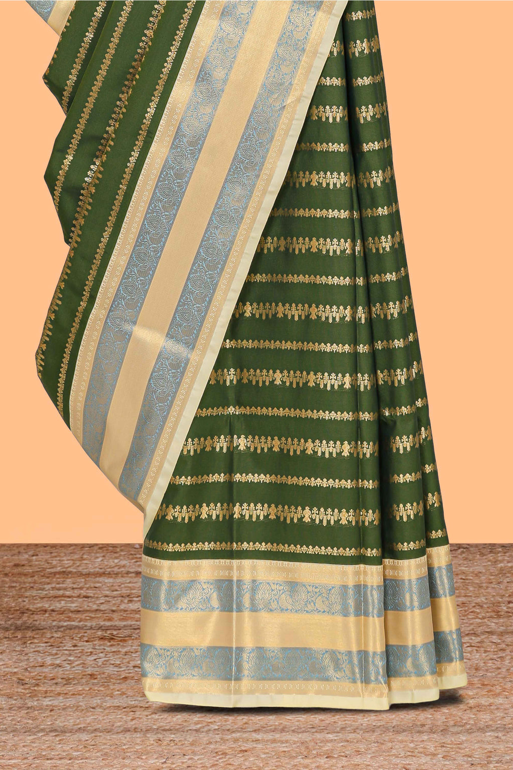Drak green unique striped kathan silk saree with contrast border and blouse