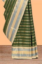 Drak green unique striped kathan silk saree with contrast border and blouse