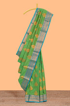 Green butta designed  kathan silk saree with contrast border and blouse