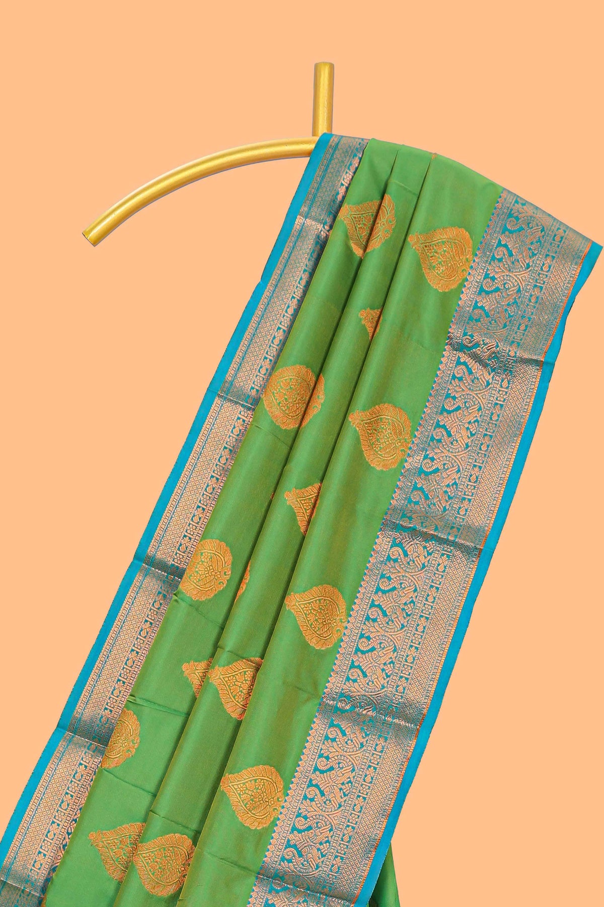 Green butta designed  kathan silk saree with contrast border and blouse