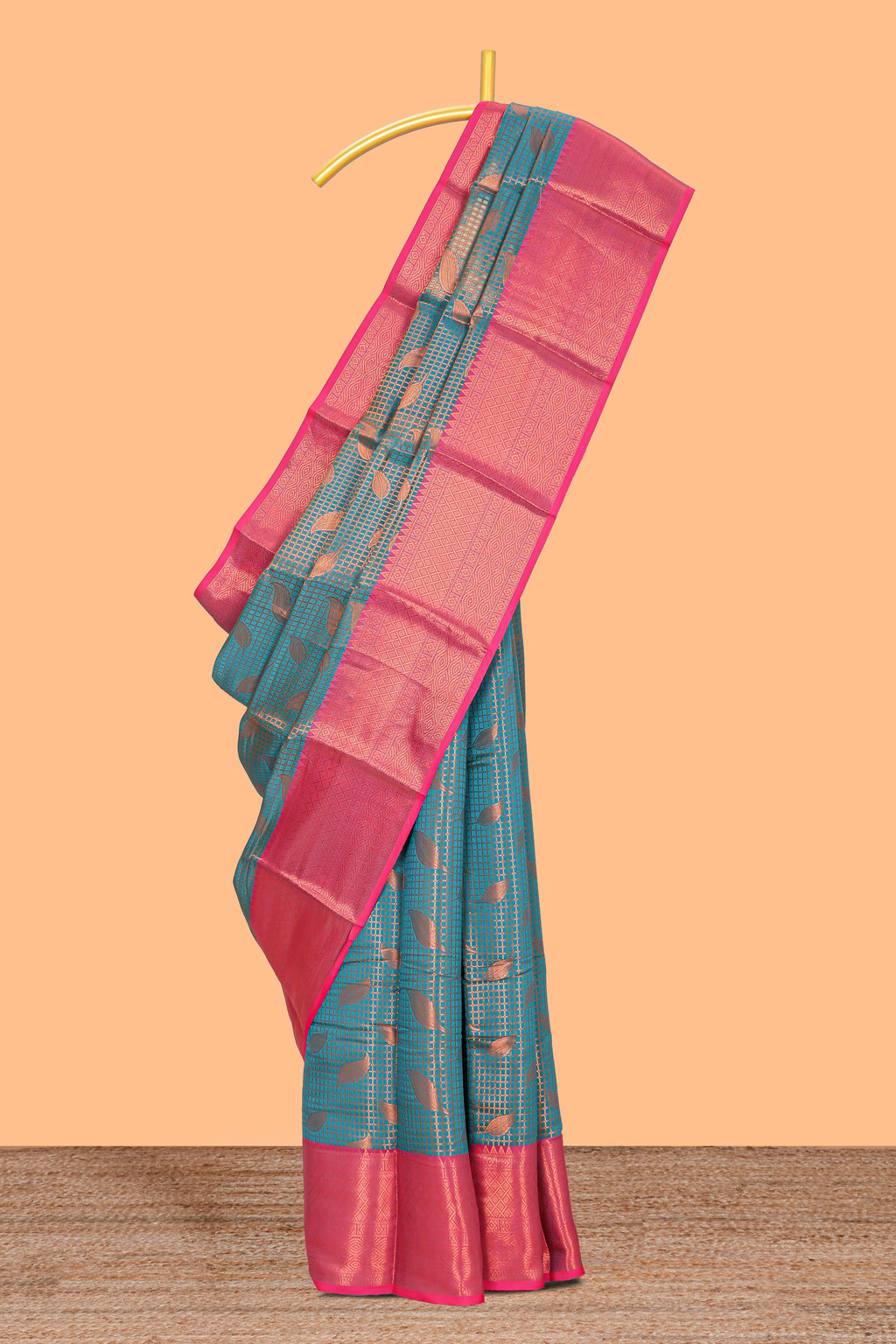 Turquoise blue checked with leaf motifs  kathan silk saree with contrast border and blouse