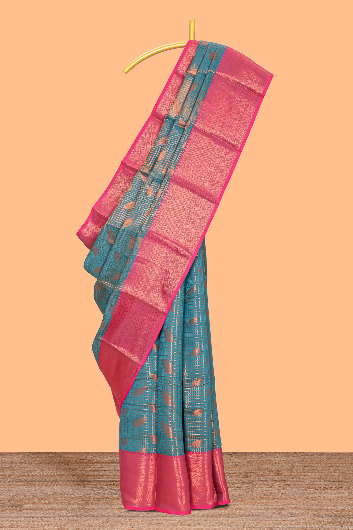 Turquoise blue checked with leaf motifs  kathan silk saree with contrast border and blouse