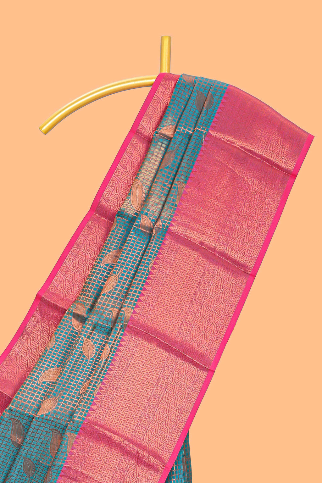 Turquoise blue checked with leaf motifs  kathan silk saree with contrast border and blouse