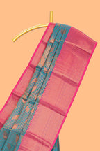 Turquoise blue checked with leaf motifs  kathan silk saree with contrast border and blouse