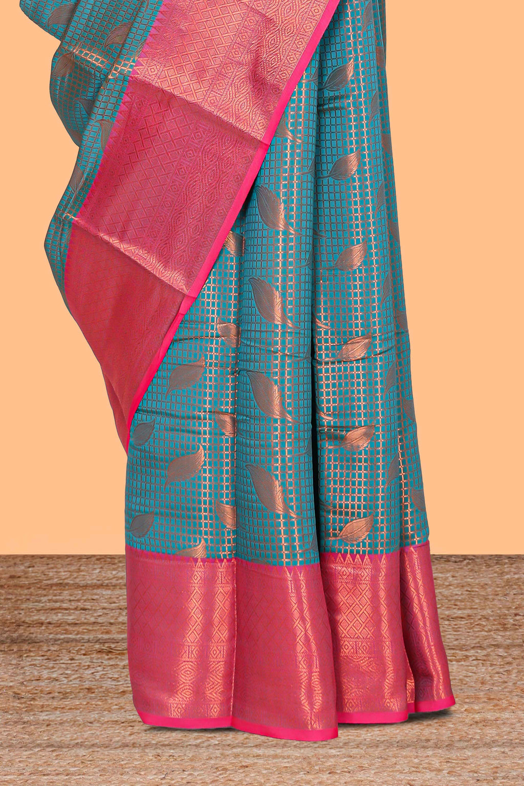 Turquoise blue checked with leaf motifs  kathan silk saree with contrast border and blouse