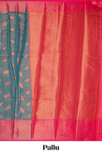 Turquoise blue checked with leaf motifs  kathan silk saree with contrast border and blouse
