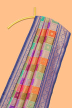 Multicolor checked floral motifs design kathan silk saree with contrast blue border and zari motis blouse