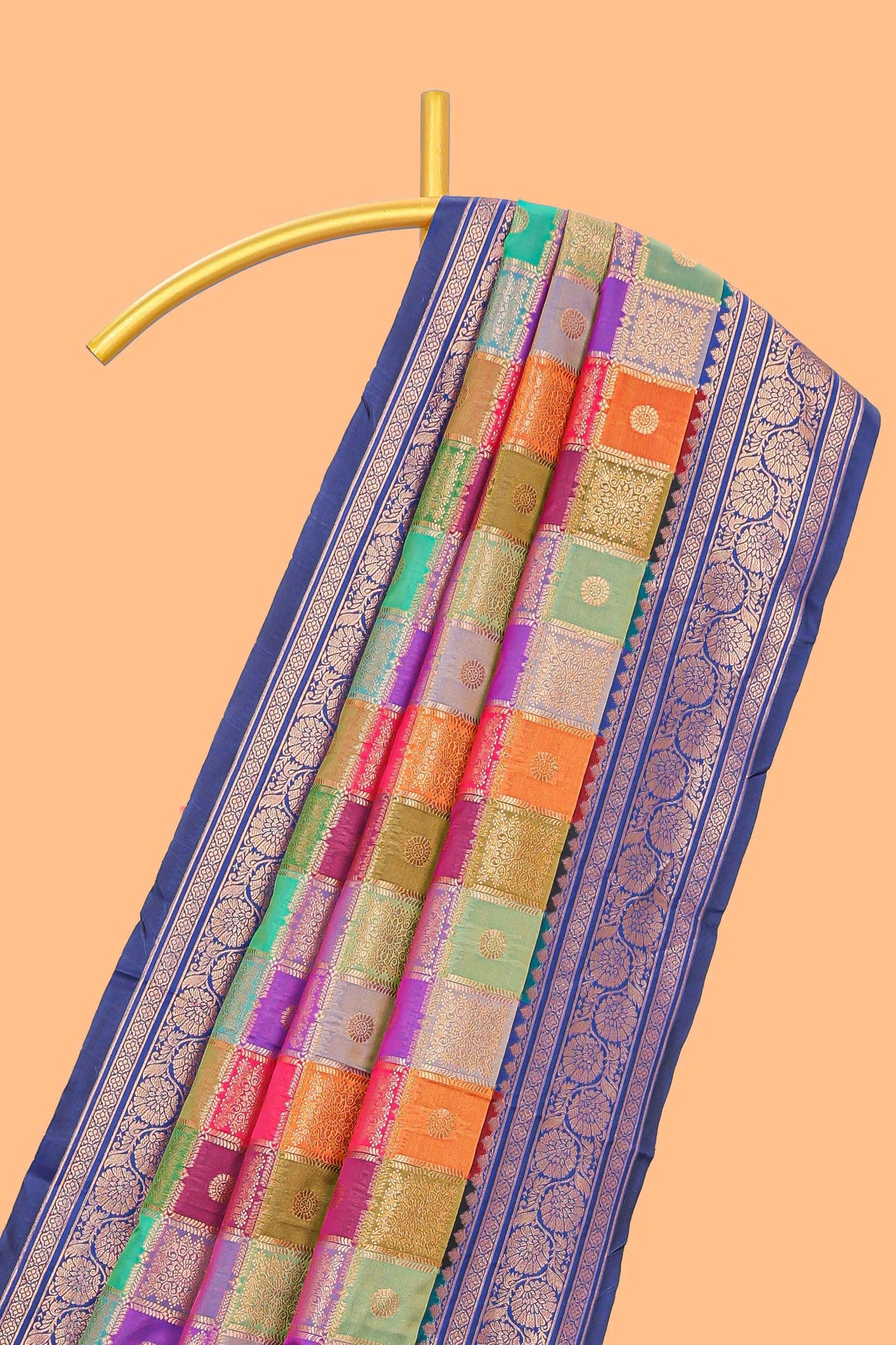 Multicolor checked floral motifs design kathan silk saree with contrast blue border and zari motis blouse