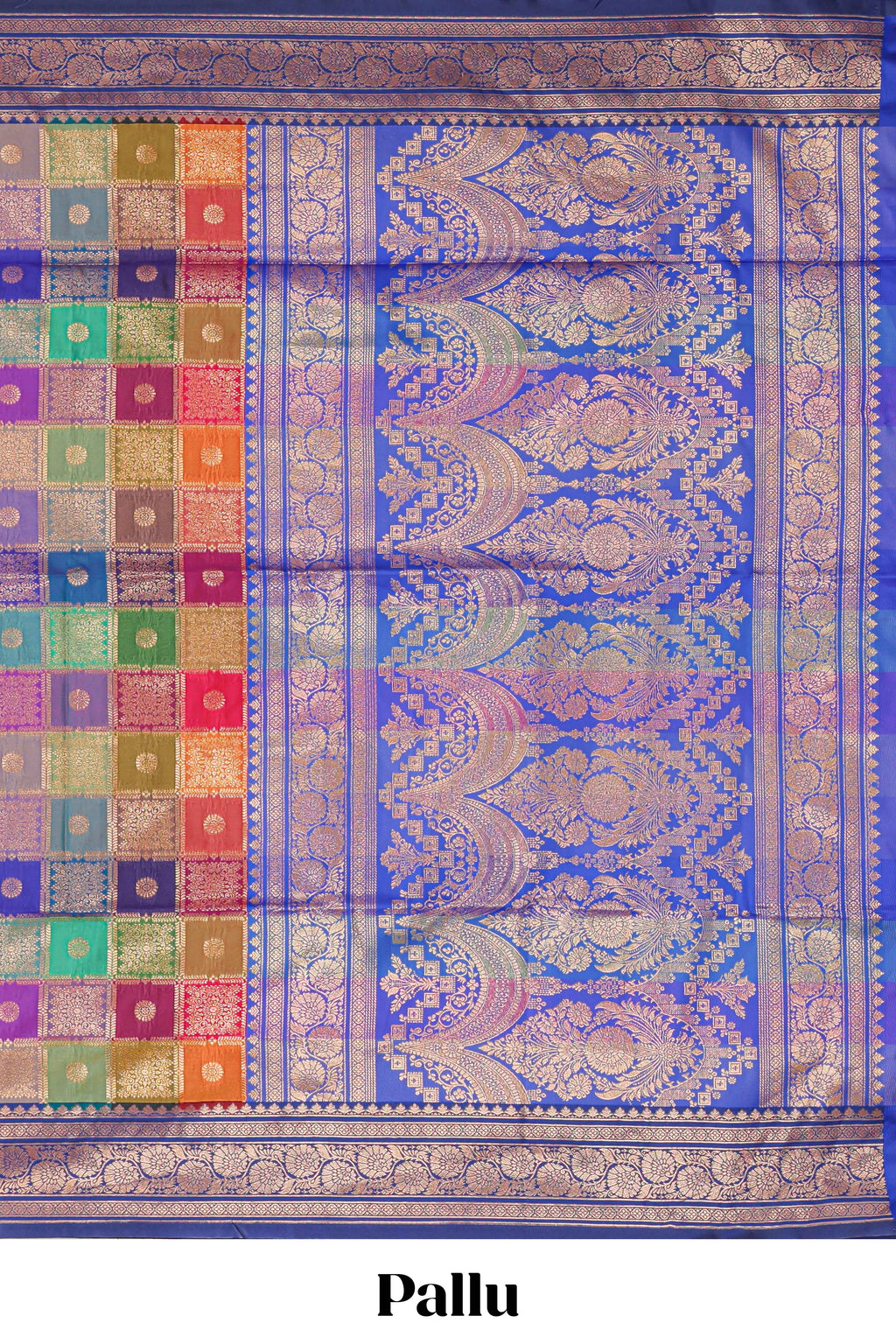Multicolor checked floral motifs design kathan silk saree with contrast blue border and zari motis blouse