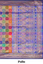 Multicolor checked floral motifs design kathan silk saree with contrast blue border and zari motis blouse
