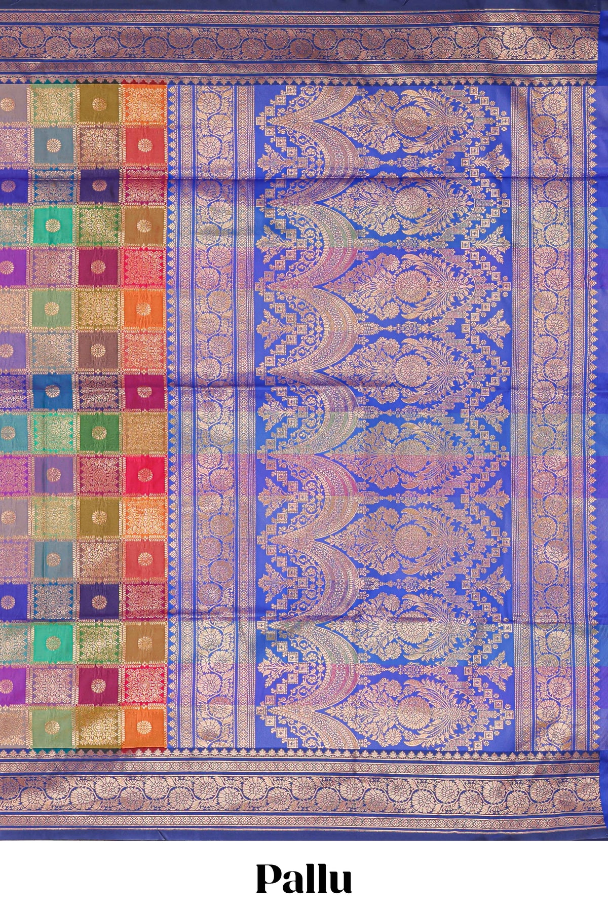 Multicolor checked floral motifs design kathan silk saree with contrast blue border and zari motis blouse