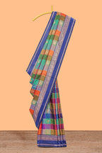 Multicolor checked floral motifs design kathan silk saree with contrast royal blue border and zari motis blouse