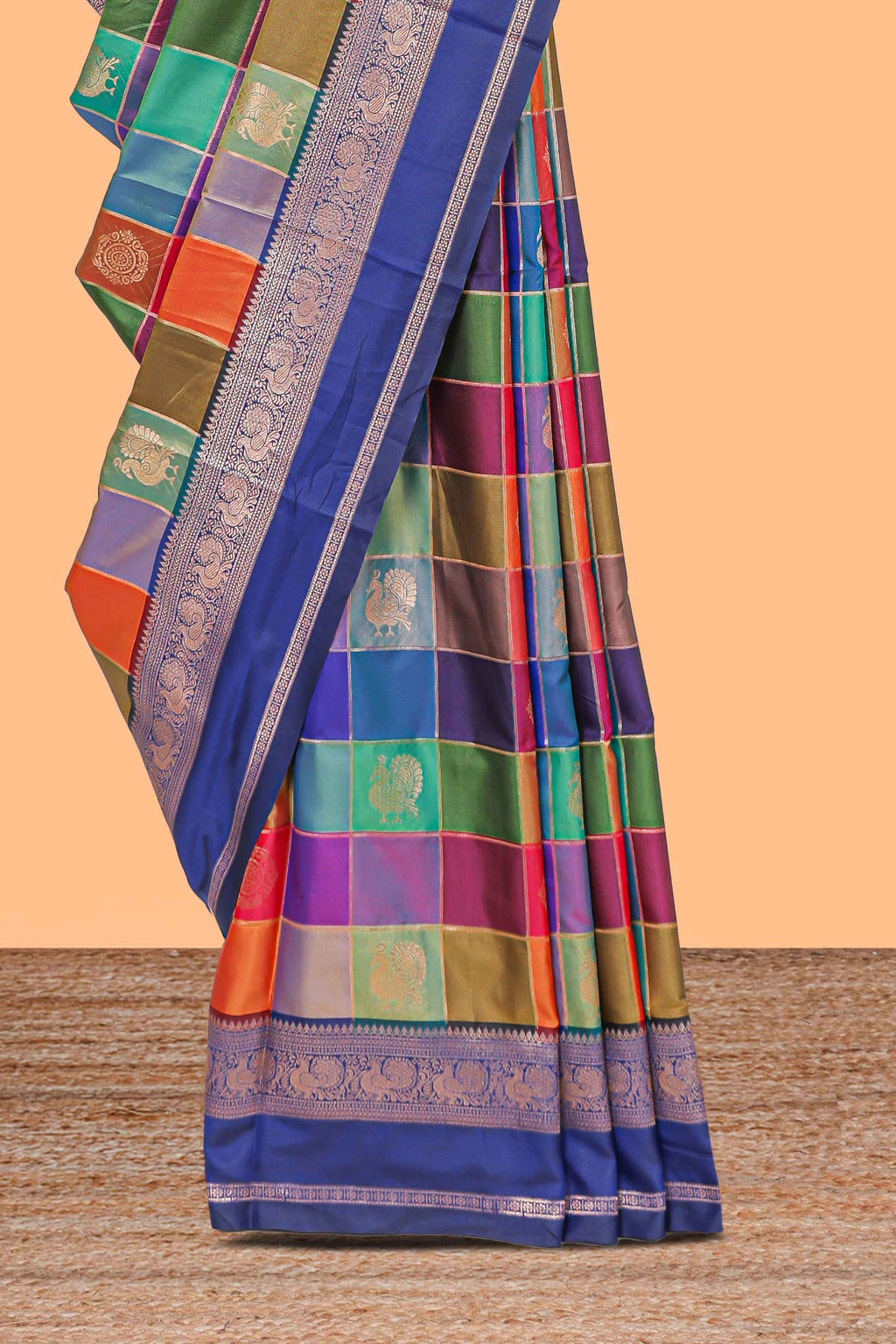 Multicolor checked floral motifs design kathan silk saree with contrast royal blue border and zari motis blouse