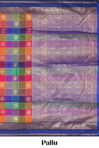 Multicolor checked floral motifs design kathan silk saree with contrast royal blue border and zari motis blouse