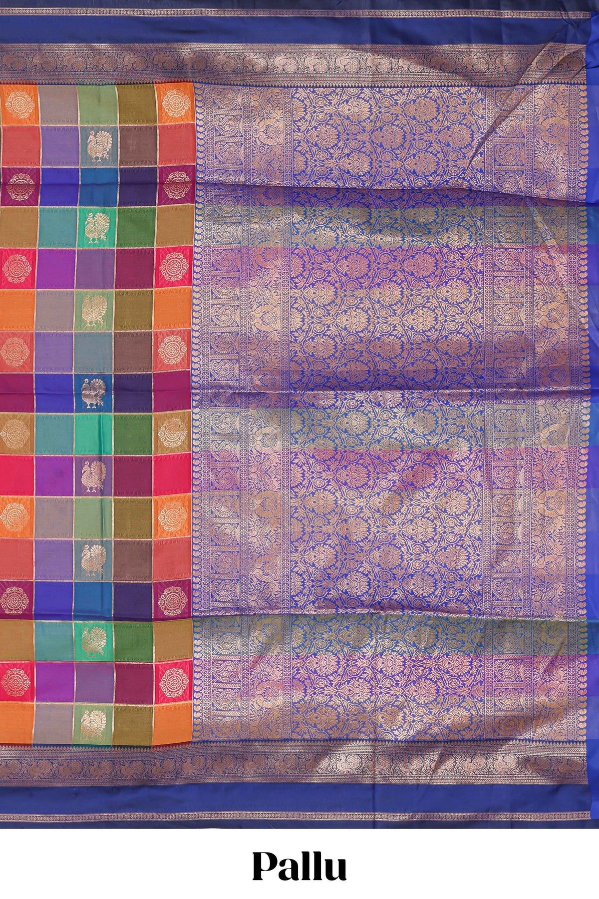 Multicolor checked floral motifs design kathan silk saree with contrast royal blue border and zari motis blouse
