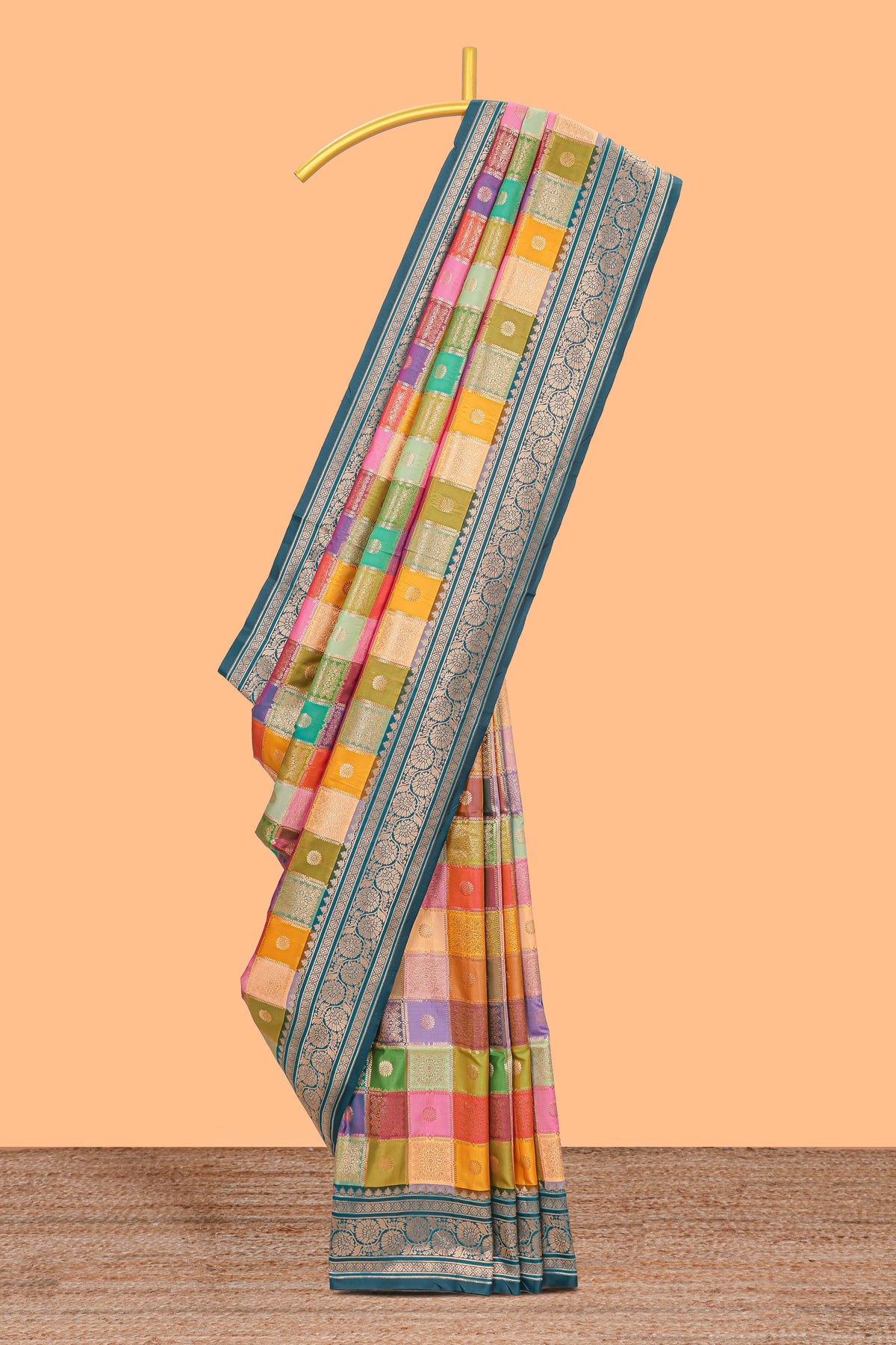 Multicolor checked floral motifs design kathan silk saree with contrast royal green border and zari motis blouse