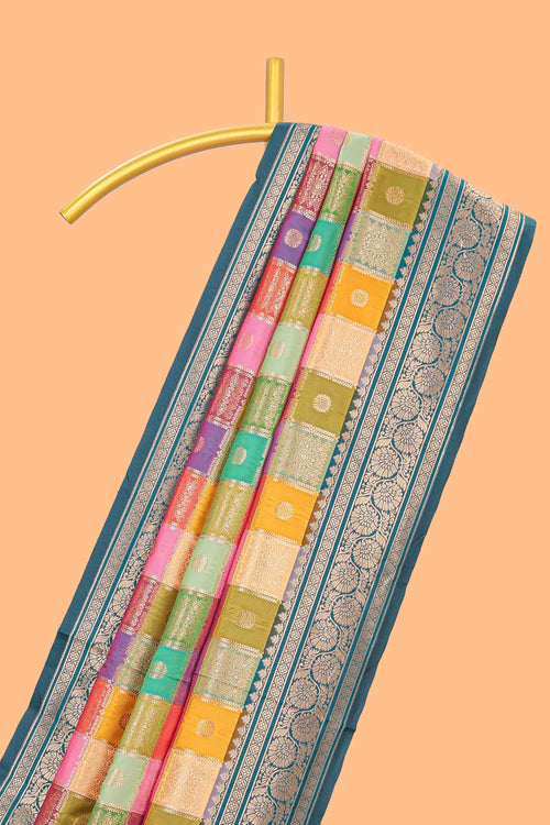 Multicolor checked floral motifs design kathan silk saree with contrast royal green border and zari motis blouse