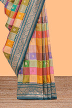 Multicolor checked floral motifs design kathan silk saree with contrast royal green border and zari motis blouse