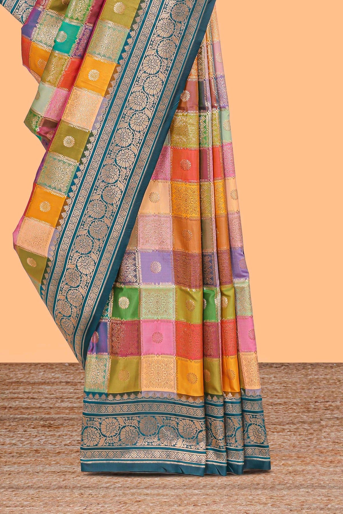 Multicolor checked floral motifs design kathan silk saree with contrast royal green border and zari motis blouse