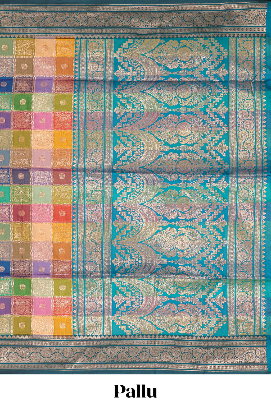 Multicolor checked floral motifs design kathan silk saree with contrast royal green border and zari motis blouse