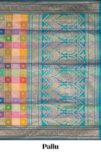 Multicolor checked floral motifs design kathan silk saree with contrast royal green border and zari motis blouse