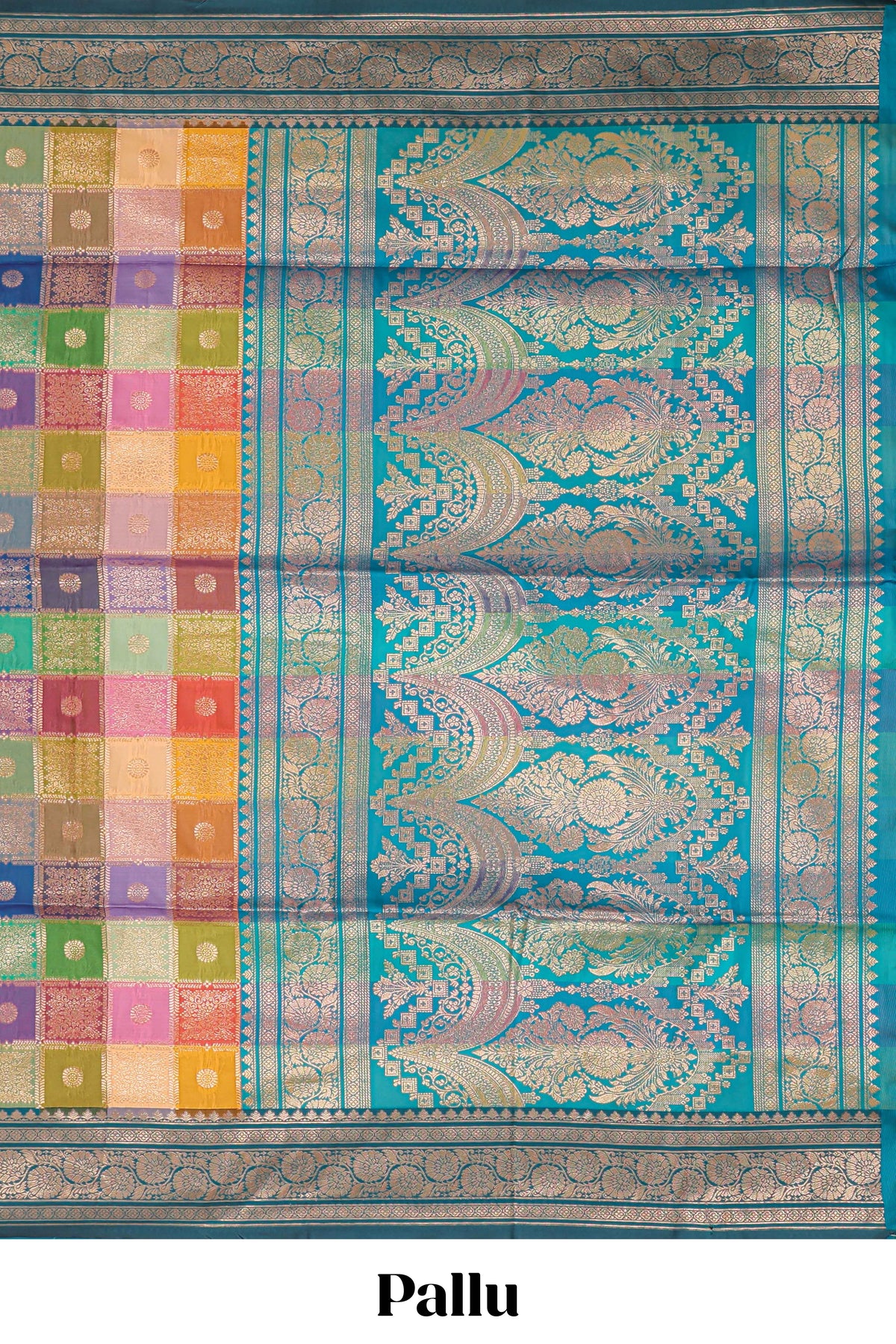 Multicolor checked floral motifs design kathan silk saree with contrast royal green border and zari motis blouse