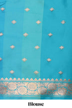 Multicolor checked floral motifs design kathan silk saree with contrast royal green border and zari motis blouse