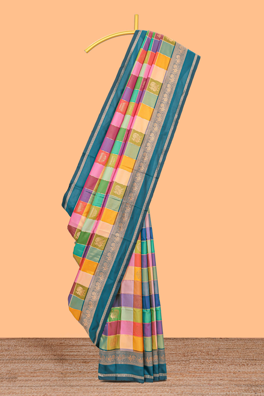 Multicolor checked floral motifs design kathan silk saree with contrast teal green border and zari motis blouse