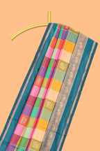 Multicolor checked floral motifs design kathan silk saree with contrast teal green border and zari motis blouse