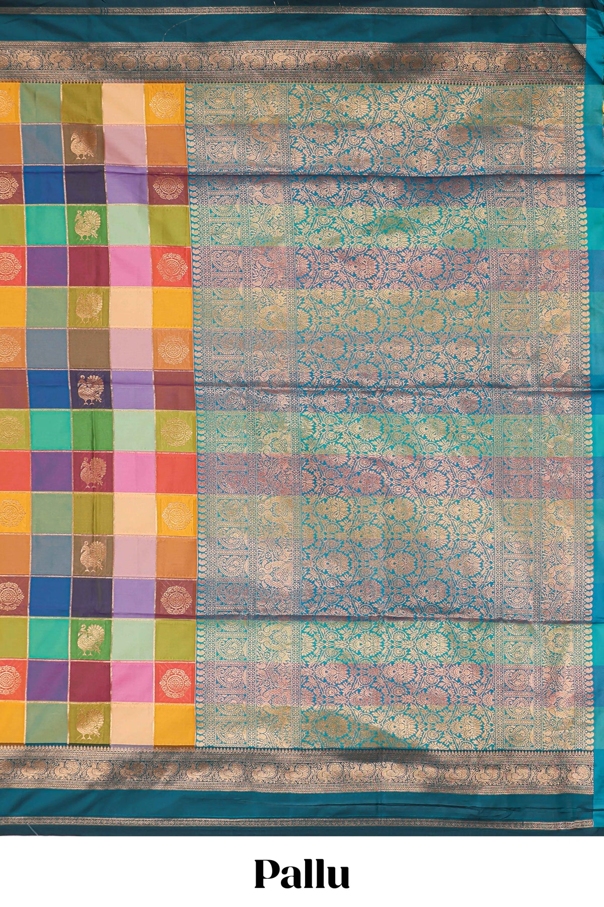 Multicolor checked floral motifs design kathan silk saree with contrast teal green border and zari motis blouse