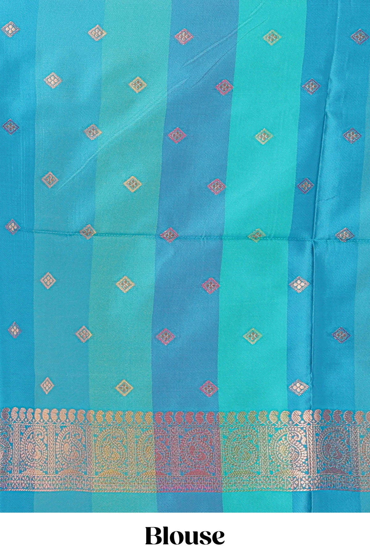 Multicolor checked floral motifs design kathan silk saree with contrast teal green border and zari motis blouse