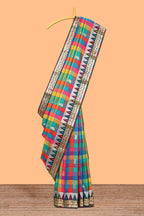 Multicolor checked floral motifs design kathan silk saree with contrast temple border and zari motis blouse