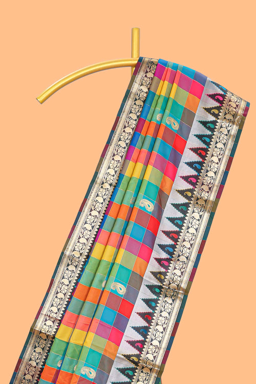 Multicolor checked floral motifs design kathan silk saree with contrast temple border and zari motis blouse