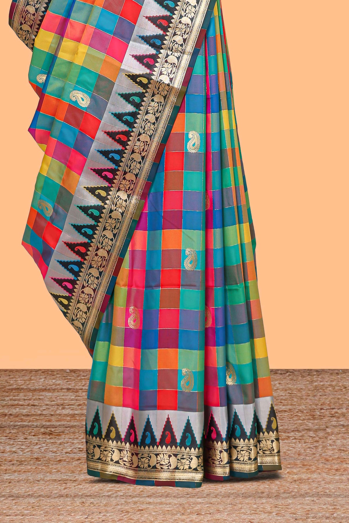 Multicolor checked floral motifs design kathan silk saree with contrast temple border and zari motis blouse