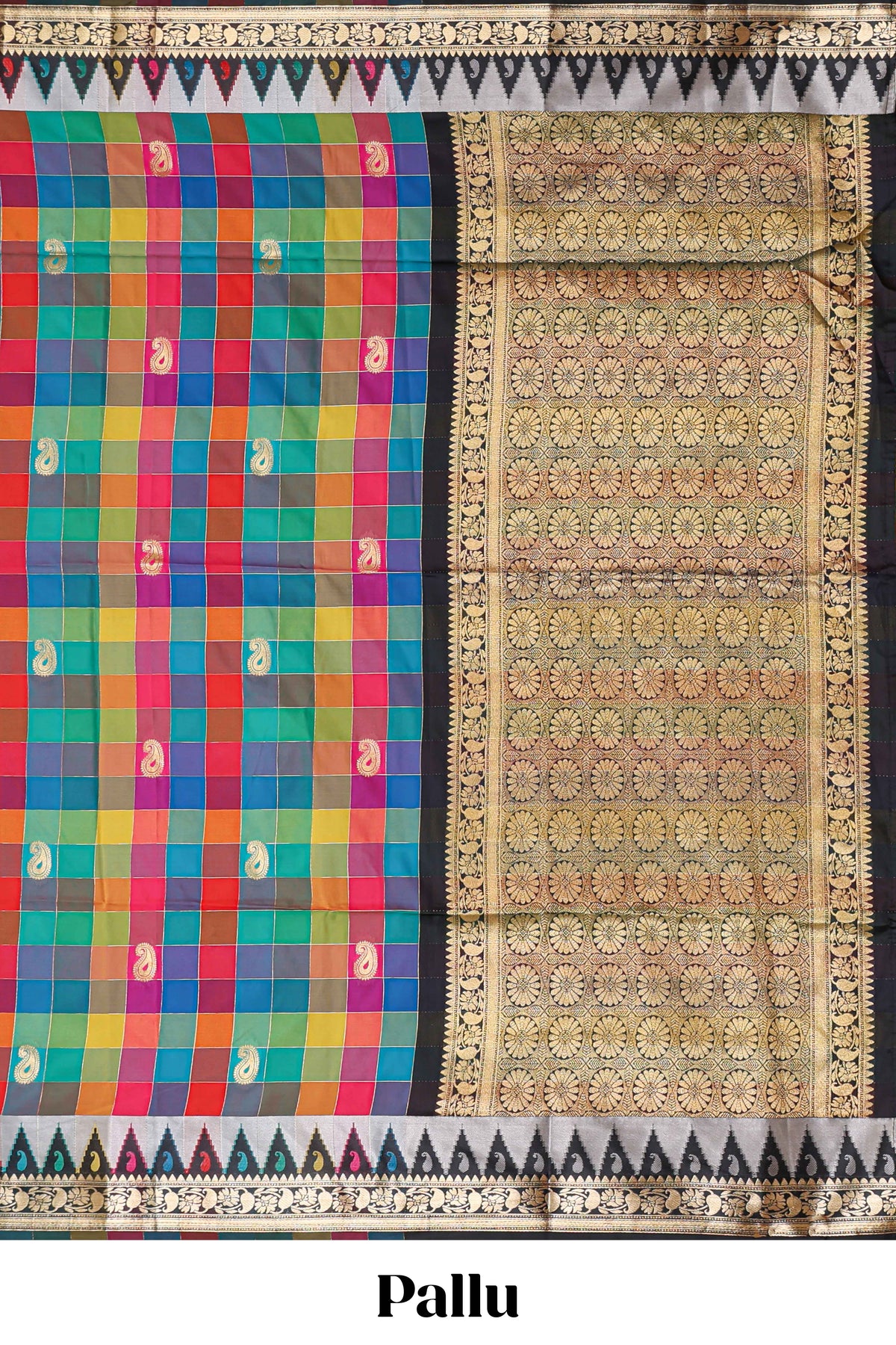 Multicolor checked floral motifs design kathan silk saree with contrast temple border and zari motis blouse