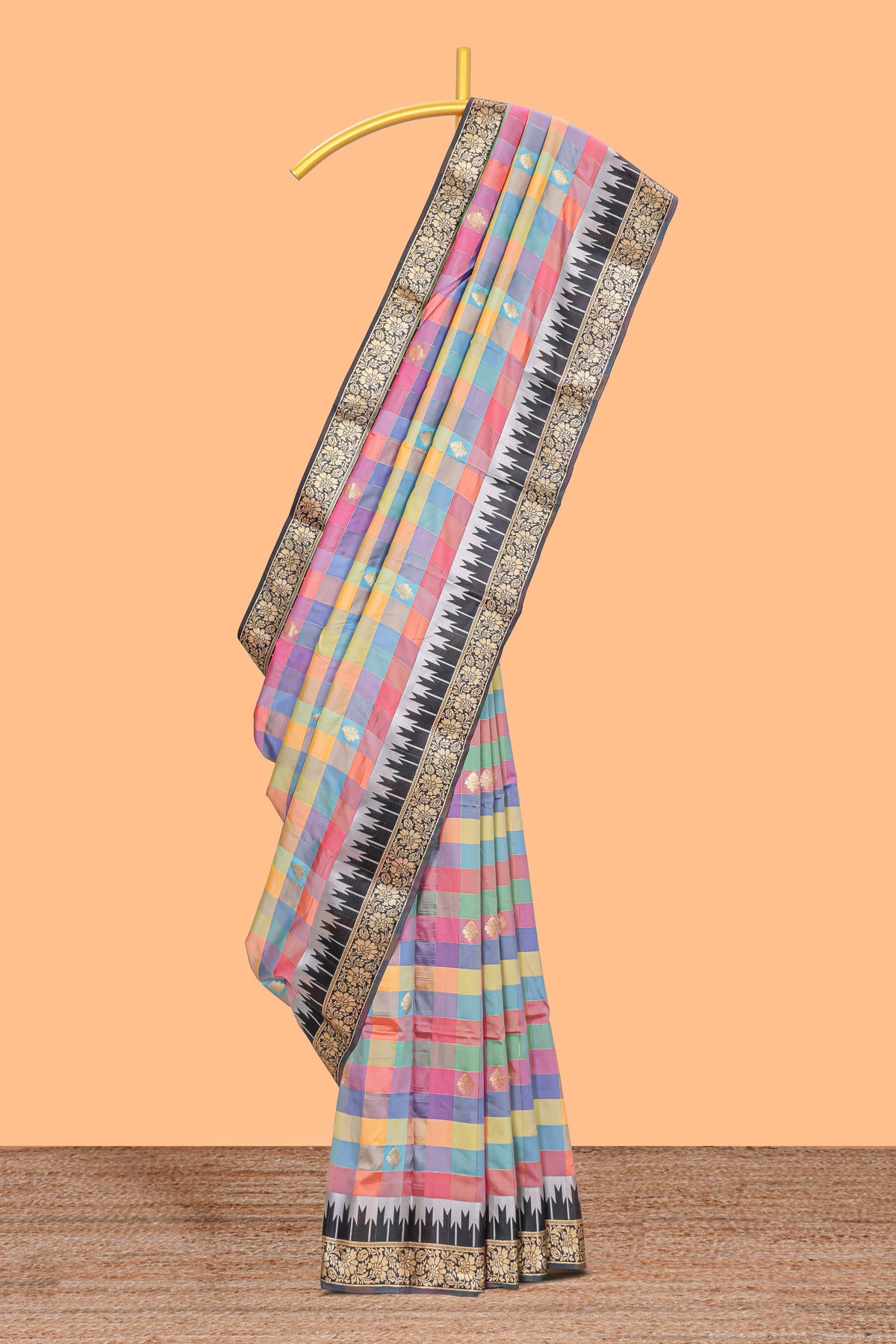 Faded Multicolor checked floral motifs design kathan silk saree with contrast floral design border and zari motis blouse