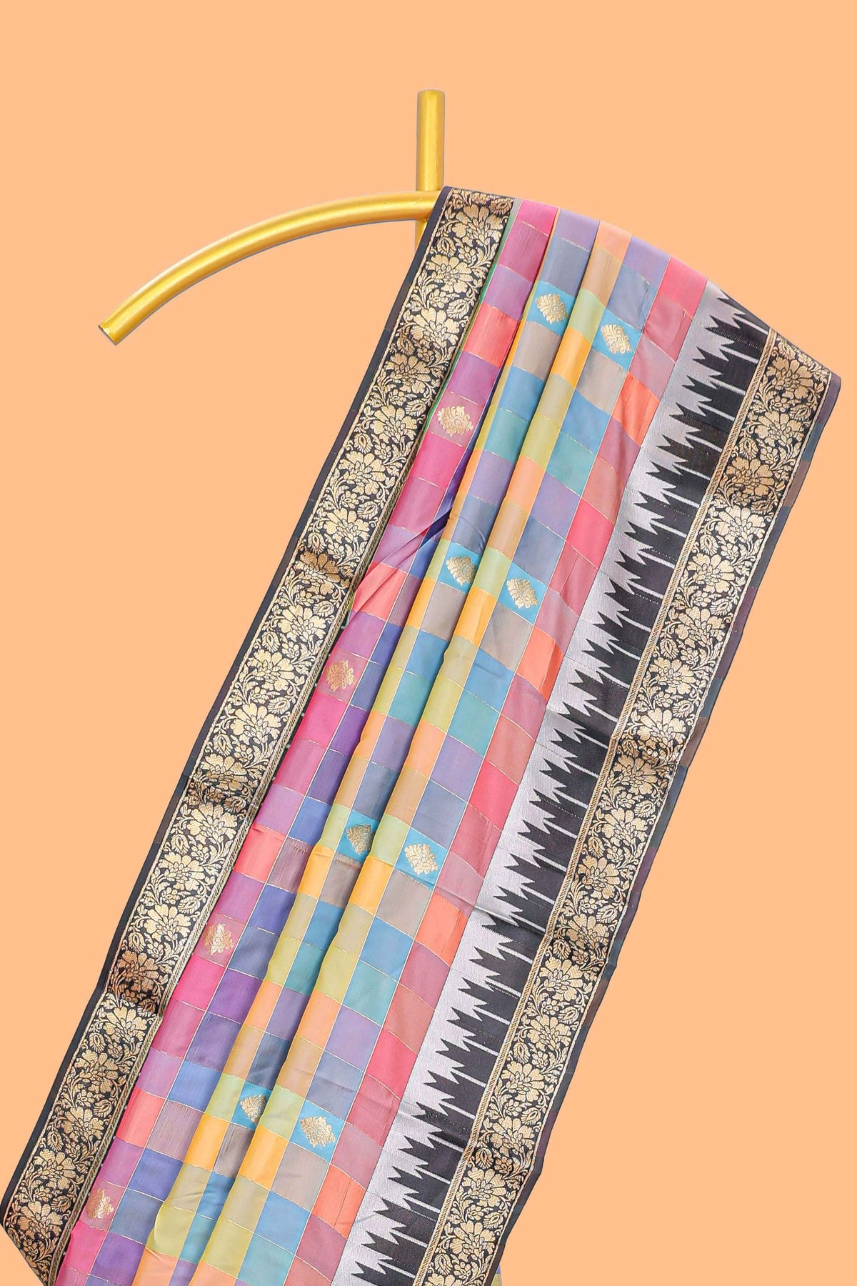 Faded Multicolor checked floral motifs design kathan silk saree with contrast floral design border and zari motis blouse