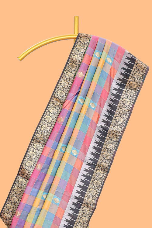 Faded Multicolor checked floral motifs design kathan silk saree with contrast floral design border and zari motis blouse
