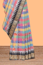 Faded Multicolor checked floral motifs design kathan silk saree with contrast floral design border and zari motis blouse