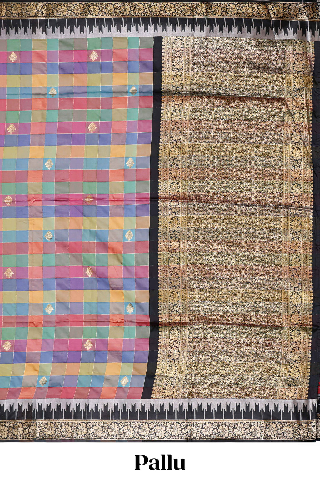 Faded Multicolor checked floral motifs design kathan silk saree with contrast floral design border and zari motis blouse