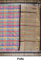 Faded Multicolor checked floral motifs design kathan silk saree with contrast floral design border and zari motis blouse