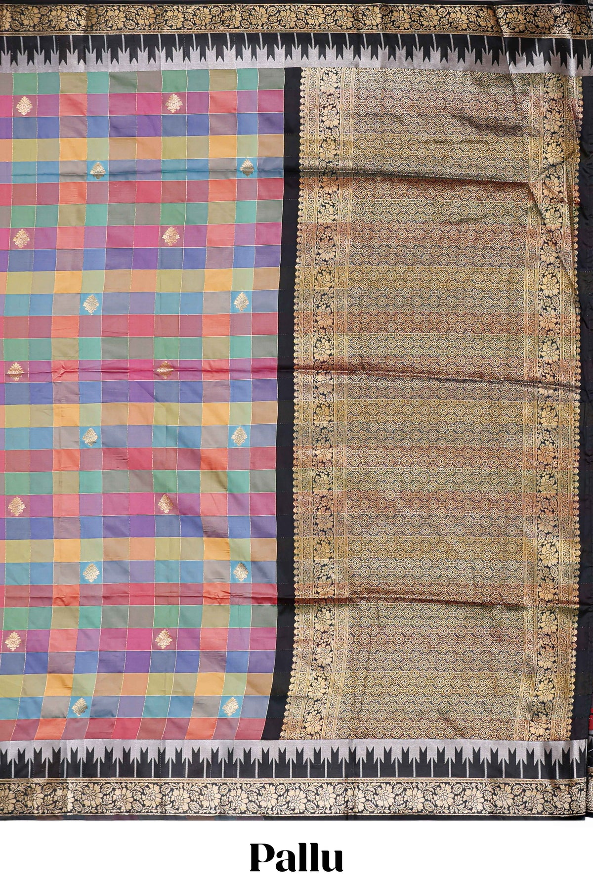 Faded Multicolor checked floral motifs design kathan silk saree with contrast floral design border and zari motis blouse