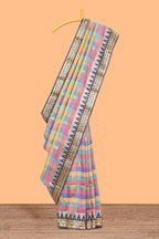 Faded Multicolor checked floral motifs design kathan silk saree with contrast temple border and zari motis blouse