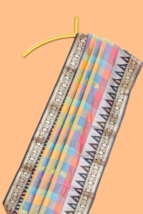 Faded Multicolor checked floral motifs design kathan silk saree with contrast temple border and zari motis blouse