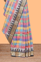 Faded Multicolor checked floral motifs design kathan silk saree with contrast temple border and zari motis blouse
