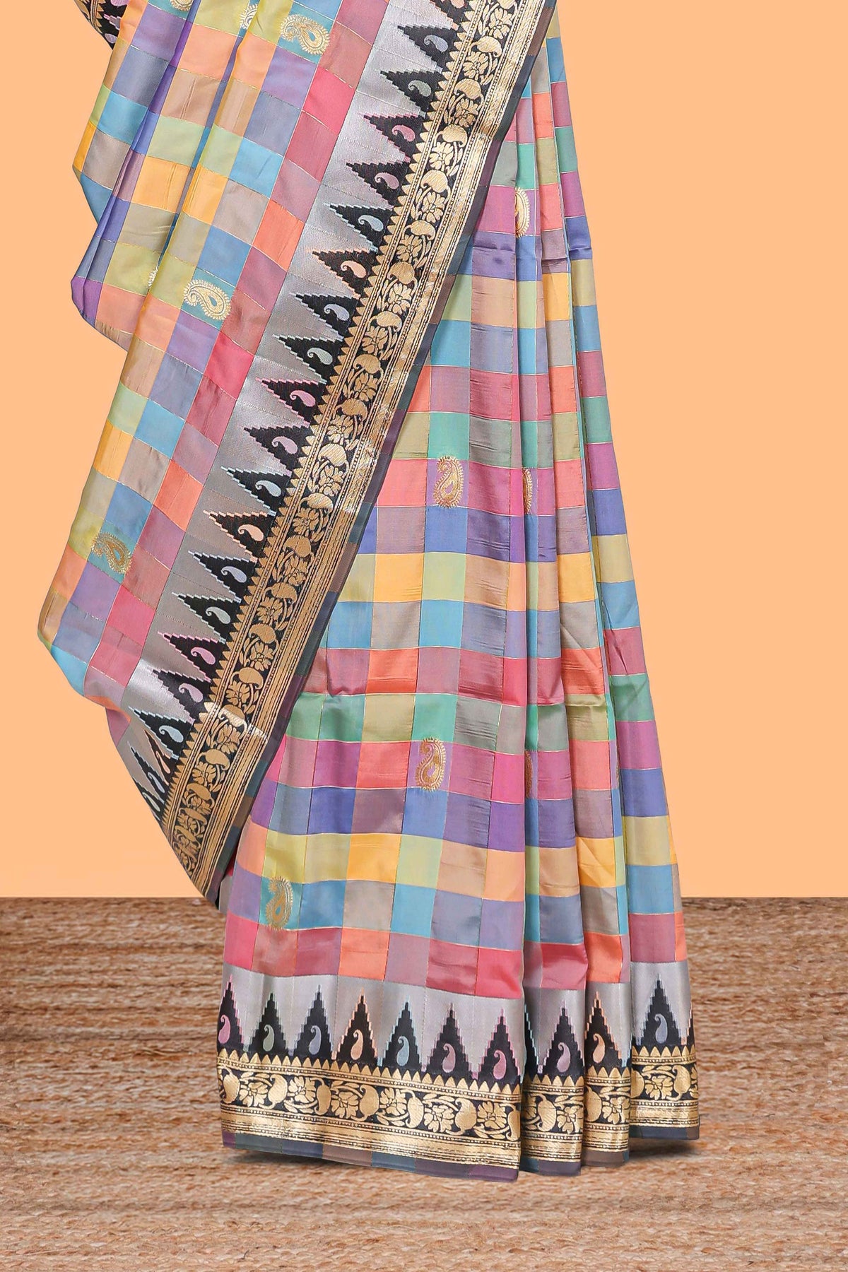 Faded Multicolor checked floral motifs design kathan silk saree with contrast temple border and zari motis blouse