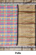 Faded Multicolor checked floral motifs design kathan silk saree with contrast temple border and zari motis blouse