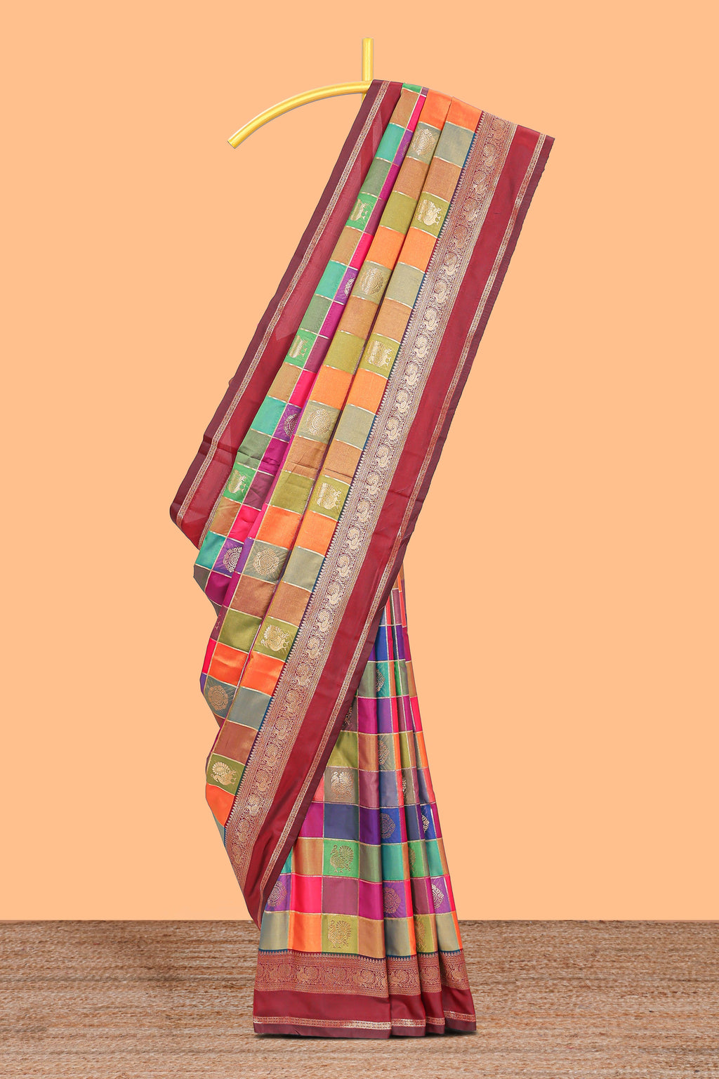 Multicolor checked floral motifs design kathan silk saree with contrast maroon border and zari motis blouse